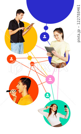 Group of digitally engaged people connected by lines, interacting through selfies, voice messages, and tablets, symbolizing online interaction 122788461
