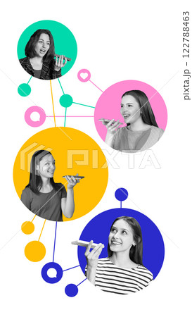 Four young women using smartphones in connected colorful circles, symbolizing vibrant social media communication 122788463