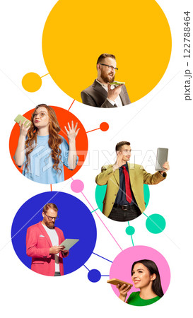 Group of five people in brightly colored outfits interacting with smartphones and tablets, placed within overlapping colorful network bubbles 122788464