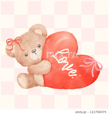 Cute Vintage Valentine Coquette Teddy Bear with Red Heart in Watercolor Style Cute Vintage Valentine Coquette Teddy Bear with Red Heart in Watercolor Style 122788474