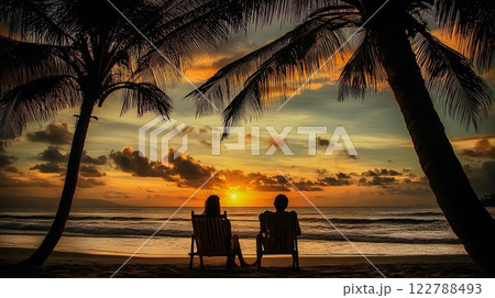 Tropical beach sunset with two people sitting on lounge chairs, person silhouette. Palm trees, ocean view, relaxation, vacation concept. Travel brochures, romantic promotions, wallpaper 122788493
