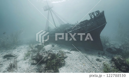 Underwater scene of a sunken wooden pirate ship with tattered sails, vibrant ocean life, seaweed, coral. The shipwreck rests on the ocean floor, creating a mysterious, adventurous atmosphere. 122788530