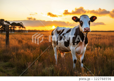 A cow against the backdrop of a meadow in the rays of the setting sun, copy space about traditional livestock farming and free-range cattle A cow against the backdrop of a meadow in the rays of the setting sun, copy space about traditional livestock farming and free-range cattle 122788556