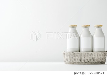 Milk bottles with blank labels stand in a wicker basket, 3D drawing on a white neutral background with copy space, concept of milk delivery from farm to home 122788571