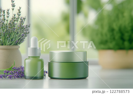 Poster with mockup of cosmetics and soothing lavender balm for skin care from natural herbal ingredients 122788573