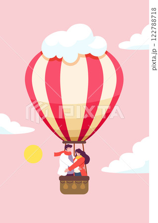 man and woman flying on hot air balloon. valentines day poster. 122788718