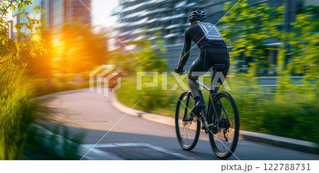 Banner about comfortable and accessible urban environment, portrait of cyclist from behind riding in the park, space for concept of ecology and development and sustainable inclusive social environment Banner about comfortable and accessible urban environment, portrait of cyclist from behind riding in the park, space for concept of ecology and development and sustainable inclusive social environment 122788731
