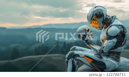 A humanoid robot sits on the edge of a cliff, holding a human skull in its hands and thoughtfully examining it, copy space about philosophical thoughtfulness and the development of technology A humanoid robot sits on the edge of a cliff, holding a human skull in its hands and thoughtfully examining it, copy space about philosophical thoughtfulness and the development of technology 122788751