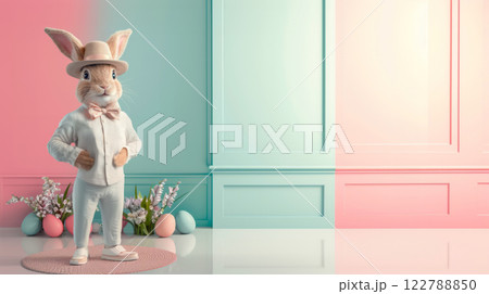 Easter bunny in a vest and bow tie on a bright background of wooden panels, an idea for an Easter banner 122788850