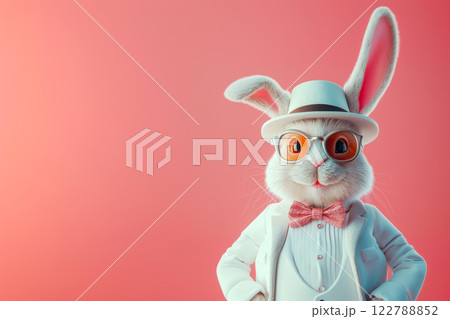 Funny Easter bunny in a hat and white suit on a pink background, Easter card idea with copy space 122788852