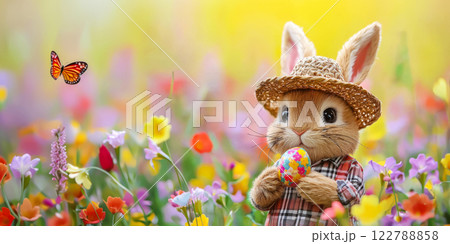Poster with cute bunny in straw hat holding easter egg in paws, collecting eggs in meadow, copy space for easter postcard 122788858
