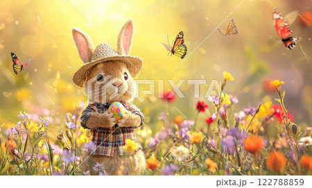 Banner with a bunny in a straw hat holding an Easter egg in his paws, collecting them on a sunlit meadow 122788859