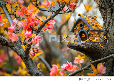 Hand-crocheted beehive with bees on a blooming apple tree, pollination of trees and collection of nectar, the importance of insects in the ecosystem Hand-crocheted beehive with bees on a blooming apple tree, pollination of trees and collection of nectar, the importance of insects in the ecosystem 122788895