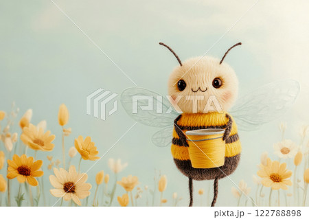A funny bee with a bucket collects honey in the fields with blooming spring flowers, a postcard about the importance of insects in the ecosystem 122788898