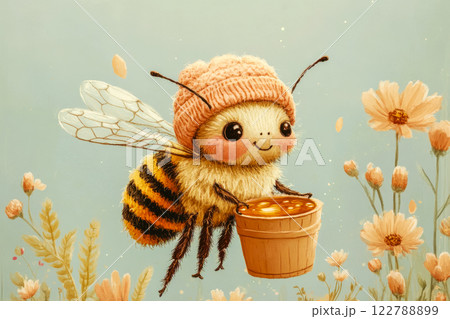 A bee carrying a bucket of honey against the background of a field with blooming spring flowers 122788899