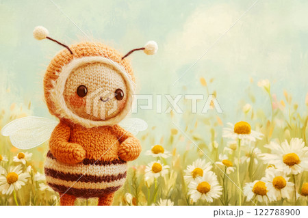 A funny crochet bee against the background of a field with blooming daisies, bright funny handmade toys 122788900