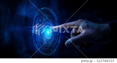 A man's hand presses a virtual button with a data stream to start the integration system, dark blue background, concept of human and high-tech systems integration A man's hand presses a virtual button with a data stream to start the integration system, dark blue background, concept of human and high-tech systems integration 122789133