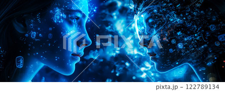 A banner of a young woman in VR glasses and her avatar in the digital world looking at each other, dark saturated blue background, concept of human and virtual reality integration 122789134