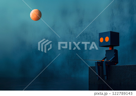 An old robot fishing with a fishing rod from a pier, a full moon rising in the background, a rich blue background with copy space An old robot fishing with a fishing rod from a pier, a full moon rising in the background, a rich blue background with copy space 122789143