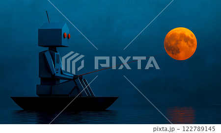 A surreal banner with a cubic robot fishing from a boat at night and in the bay against the background of a full moon. Minimalism and cold blue tones, solitude and loneliness A surreal banner with a cubic robot fishing from a boat at night and in the bay against the background of a full moon. Minimalism and cold blue tones, solitude and loneliness 122789145