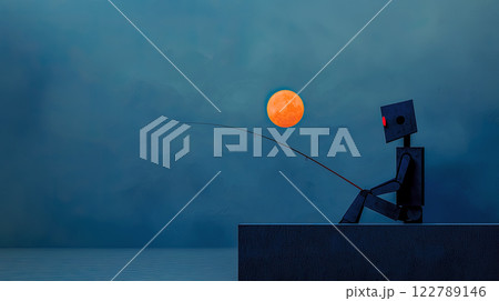 Abstract minimalist robot sitting on the shore fishing under the moon, blue background, soft lighting, atmosphere of mystery and loneliness Abstract minimalist robot sitting on the shore fishing under the moon, blue background, soft lighting, atmosphere of mystery and loneliness 122789146