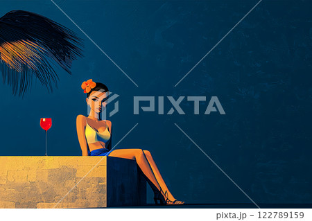 Poster with portrait of woman with orchid flower in hair, glass of red wine next to her, sitting on pier with night sky in background, wine party idea at resort 122789159