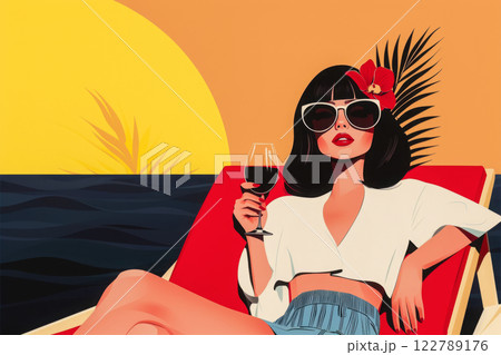 Beautiful young woman in sunglasses relaxing in sun lounger with glass of red wine against sunset over ocean, vacation and travel concept 122789176
