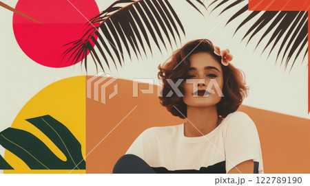 Color art, banner with an applique with a portrait of a young smiling brunette woman, background with the sun and palm leaves, advertising a vacation at a resort and a holiday from traveling 122789190