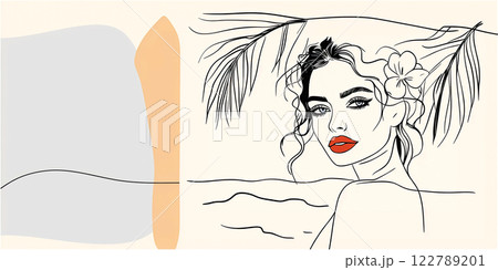 Minimalist line art portrait of a beautiful woman walking along the seashore, soft pastel colors, copy space with spa and seaside vacation advertisement Minimalist line art portrait of a beautiful woman walking along the seashore, soft pastel colors, copy space with spa and seaside vacation advertisement 122789201