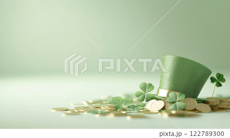 St. Patricks Day leprechaun hat with green shamrocks and golden coins, festive background with bokeh and copy space St. Patricks Day leprechaun hat with green shamrocks and golden coins, festive background with bokeh and copy space 122789300