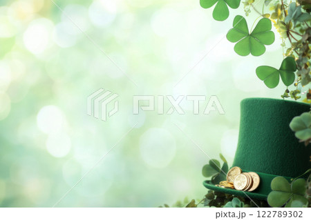 St. Patricks Day leprechaun hat with green shamrocks and golden coins, festive background with bokeh and copy space St. Patricks Day leprechaun hat with green shamrocks and golden coins, festive background with bokeh and copy space 122789302