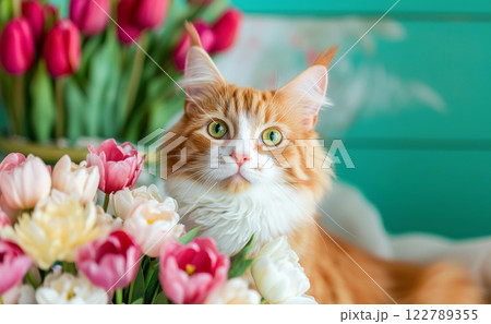 Poster with funny ginger cat on counter in flower shop next to basket of colorful spring tulips, idea for postcard and congratulations on Valentine's Day with beautiful tulips 122789355