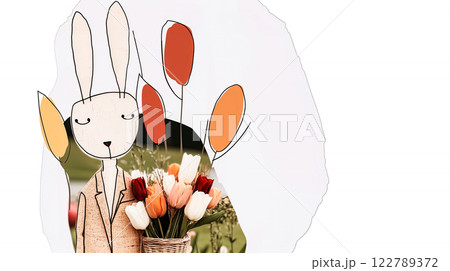 Abstract drawing with rabbit and flowers, Valentine's Day card idea in line art style, copy space for spring holidays greeting concept 122789372