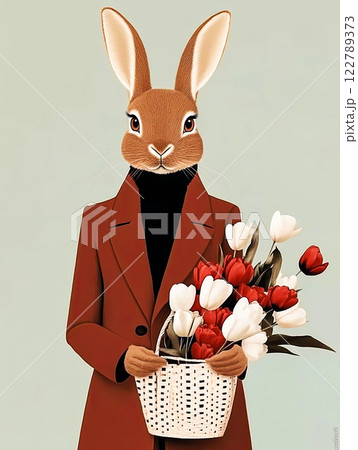 Concept of vertical postcard with cute bunny for valentine's day, rabbit in orange coat with bouquet of tulips on neutral background, drawing in art nouveau style 122789373