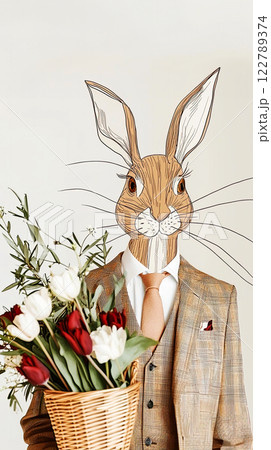 Vertical card with rabbit in line art style, serious rabbit in suit holding basket with spring tulips, Valentine's Day vertical card concept, on light neutral background Vertical card with rabbit in line art style, serious rabbit in suit holding basket with spring tulips, Valentine's Day vertical card concept, on light neutral background 122789374