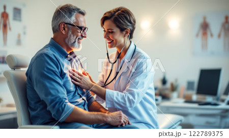 A TB doctor conducts a check-up of an elderly patient, listens to his lungs with a stethoscope, copy space for the concept of health and modern technologies in medicine 122789375