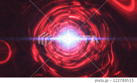 Red and blue light tunnel with glowing concentric lines and bright central light, offering a dynamic, futuristic aesthetic with a cyberpunk feel background 122789513