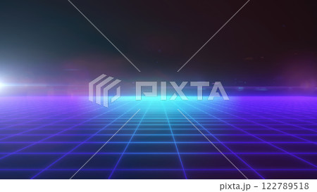 A glowing pink digital grid leading to a distant futuristic cityscape, with a cyberpunk aesthetic 122789518