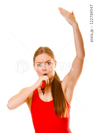 Lifeguard on duty whistling. 122789547