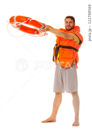 Lifeguard in life vest with ring buoy lifebuoy. 122789568