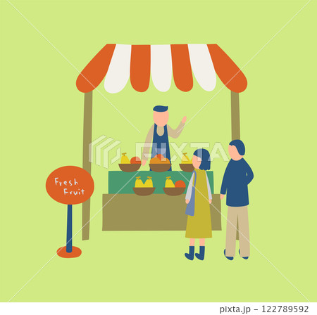 マルシェで果物屋を開く人のイラスト マルシェで果物屋を開く人のイラスト 122789592