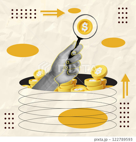 Hand holding magnifying glass over financial coins for investment insights, vector illustration Hand holding magnifying glass over financial coins for investment insights, vector illustration 122789593