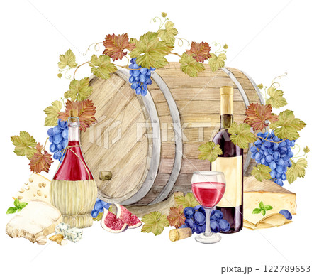 Composition of wooden barrel, bottles, glass of red wine and snack. Watercolor illustration for bar, wine list, tasting. Wine and cheese in retro style. Composition of wooden barrel, bottles, glass of red wine and snack. Watercolor illustration for bar, wine list, tasting. Wine and cheese in retro style. 122789653
