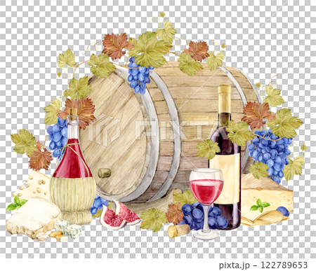 Composition of wooden barrel, bottles, glass of red wine and snack. Watercolor illustration for bar, wine list, tasting. Wine and cheese in retro style. Composition of wooden barrel, bottles, glass of red wine and snack. Watercolor illustration for bar, wine list, tasting. Wine and cheese in retro style. 122789653