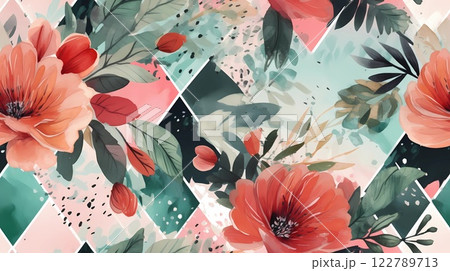 A seamless floral pattern with soft watercolor flowers in shades of pink, orange, and green. Perfect for fashion prints, home decor, and botanical-themed projects. 122789713