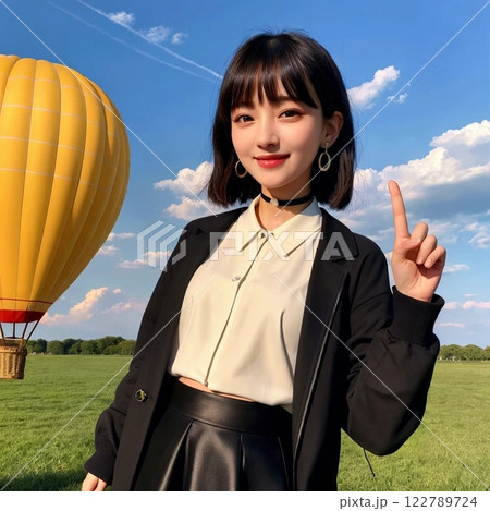 気球に乗って空を飛ぶ若い女性 122789724