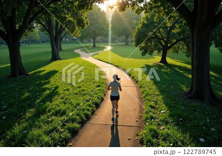 A joyful child is running freely in a beautiful park, enjoying the sunsets glow and vibrant colors 122789745