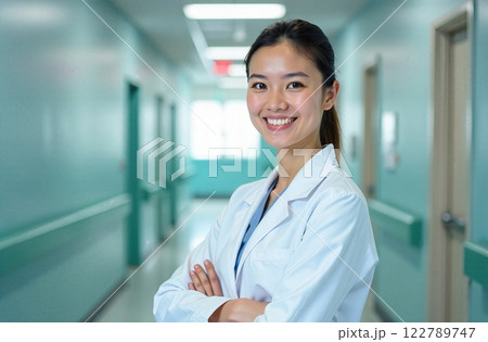 Confident and determined young female doctor walking through a busy hospital corridor Confident and determined young female doctor walking through a busy hospital corridor 122789747