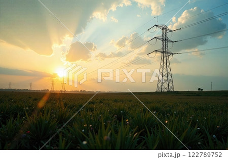 High voltage lines and power pylons in a green agricultural landscape with blue sky on a sunny day. 122789752