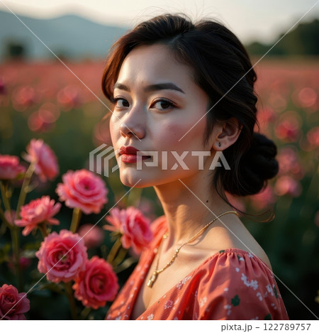 A Young Woman Standing Gracefully in a Vibrant Floral Field at Beautiful Sunset Time 122789757